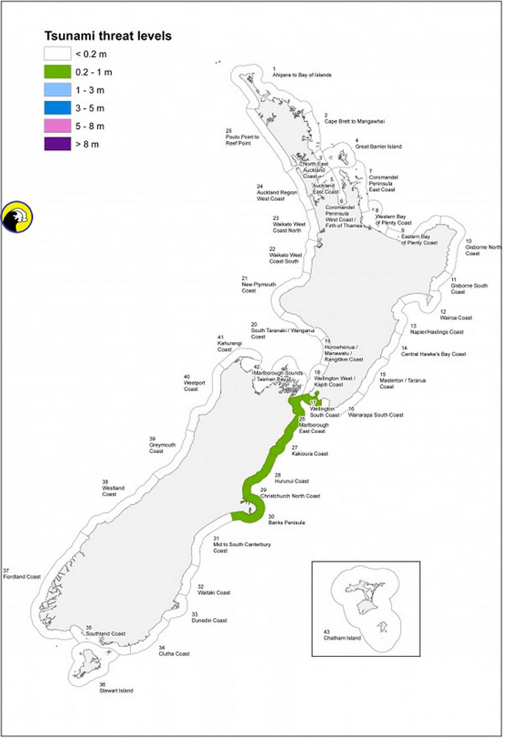 New Zealand tsunami status as at 1230hrs on Monday Nov 14, 2016. Issued by NZ Civil Defence © SW